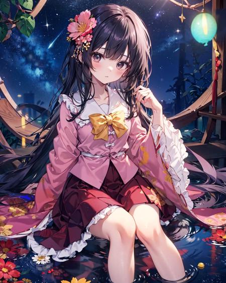 55889-4108612809-houraisan kaguya, 1girl, solo, red skirt, pink shirt, long sleeves, hair ornament, hair flower, wide sleeves, flower, black eyes.png